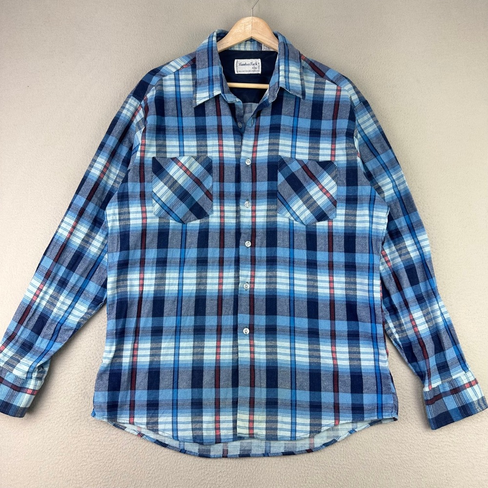 Vintage 80s LumberJack Flannel Shirt Mens L Blue Plaid‎ Long Sleeve Retro Work